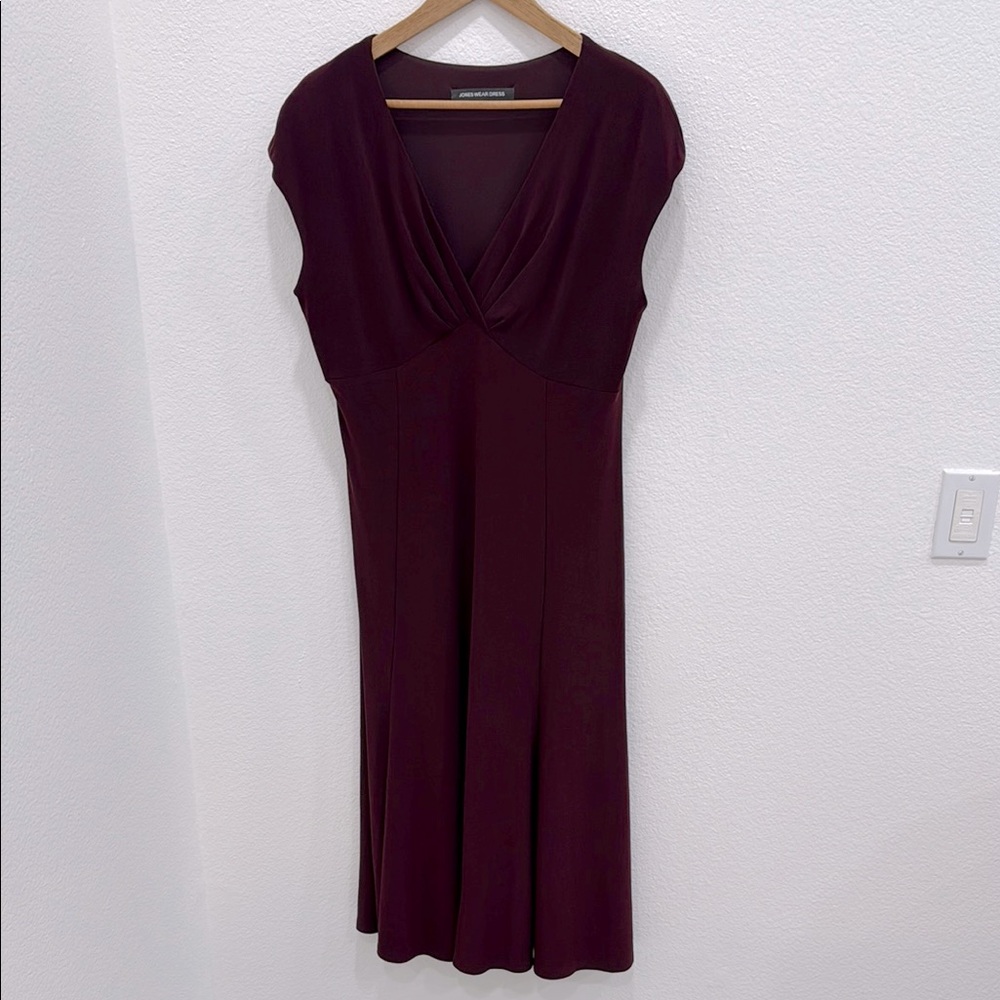 Jones Wear Burgundy Sheath Midi Dress with Pleated V Neck